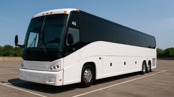 Exterior of Charter Bus Company Rancho Cucamonga's 54 Passenger Charter Bus in Rancho Cucamonga