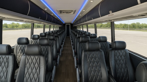 Interior of Charter Bus Company Rancho Cucamonga's 56 Passenger Charter Bus in Rancho Cucamonga